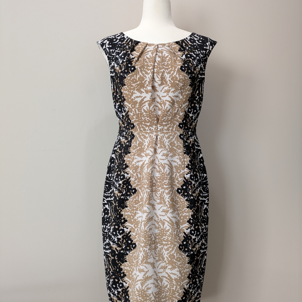 London Times Black, Cream, and Tan Midi Dress
